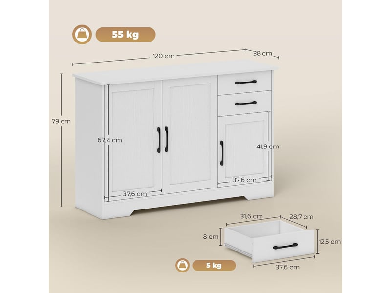  Buffet avec 2 tiroirs et portes fermeture douce en mdf et panneau de particules blanc  - Conforama C