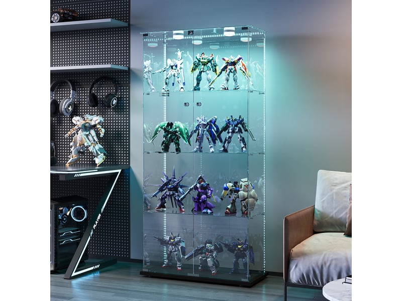 Vitrine en verre 4 niveaux double porte - noir - 78,5 x 36,5 x 163 cm - grande armoire d'exposition avec éclairage led et base noire - Conforama C