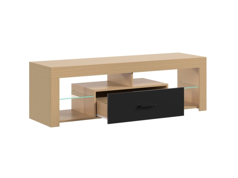  Meuble tv 140 x 40 cm pour téléviseur jusqu'à 65 pouces, chêne et noir, étagères réglables  - Conforama A