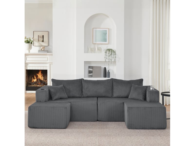 Canapé d'angle modulable modenvie 3 places gris 230 x 138 x 75 cm en velours côtelé avec ottomans mobiles, porte-gobelets, poches latérales et coussins - Conforama D