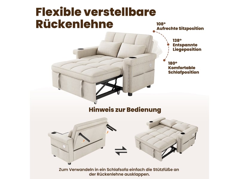  Canapé convertible 2 places en chenille avec led, fonction lit, dossier réglable 3 positions, usb-c, porte-gobelets et rangement - beige  - Conforama D