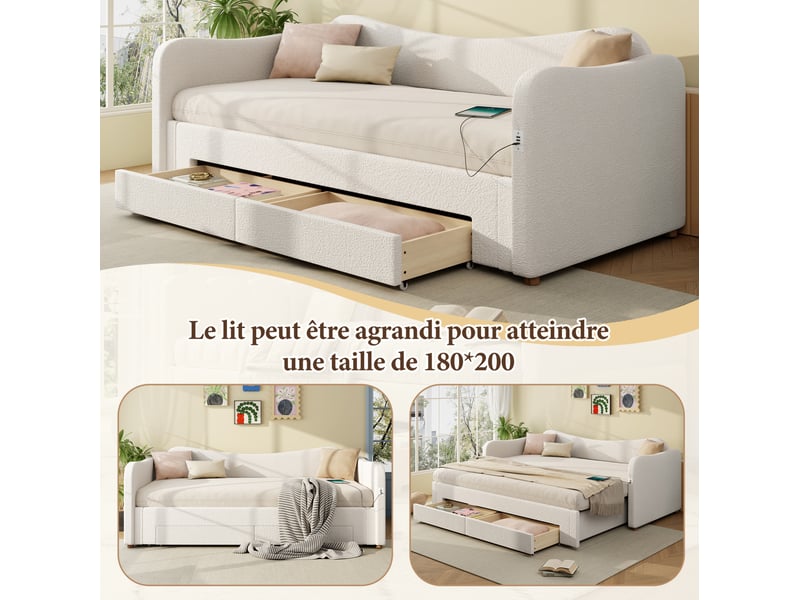  Couchage gigogne, 90x200 cm, lit banquette, tête de lit, recharge, bouclé, matelas non inclus, tissu, coloris beige  - Conforama E