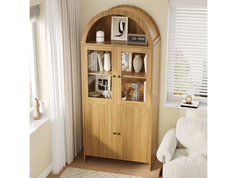 Buffet haut arqué vitrine 4 portes décor bois naturel 78 × 40 × 176 cm IKSETERA TRADING LTD - Conforama E