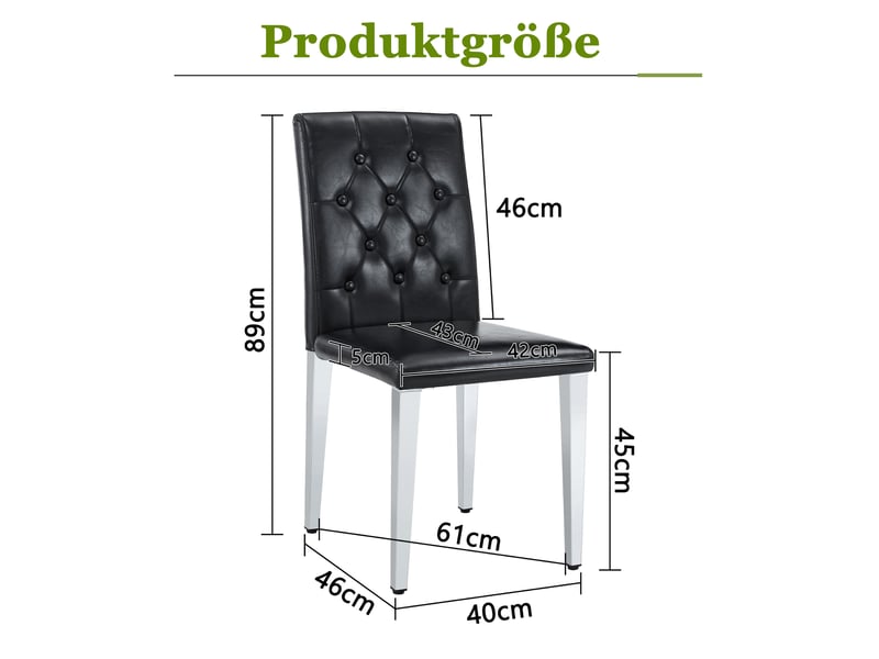  Chaises de salle à manger lot de 4 dossier capitonné  - assise mousse, simili cuir noir et métal argenté  - Conforama D