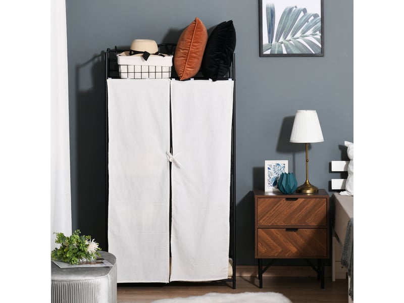  Armoire adulte, meuble de rangement multiple, 5 étagères, 84 x 42 x 159 cm (l x l x h), métal noir, 2 rideaux blancs  - Conforama D