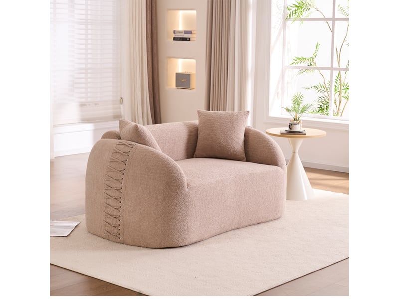  Canapé 2 places courbe 155x90x67 cm - 2 coussins et finitions lacées - chenille compressée, canapé compressé - crème abricot CozyNest - Conforama E
