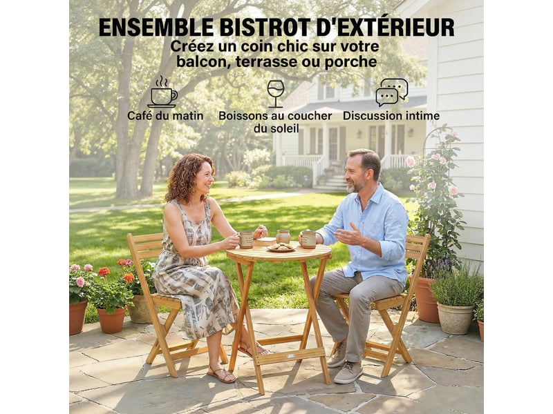 Salon de jardin pliable en bois d'acacia 1 table et 2 chaises naturel 60x60x75 cm - Conforama D
