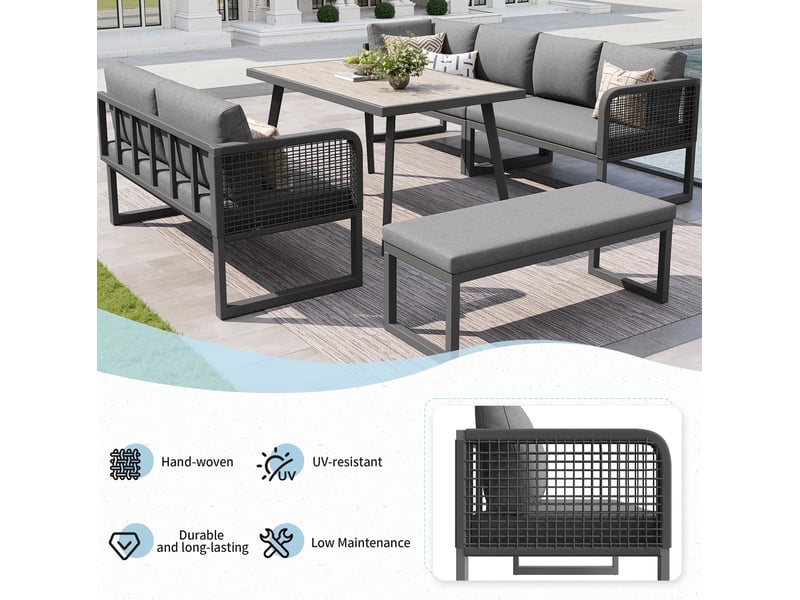  Salon de jardin modulable 6 à 8 places 110 x 60 cm – gris – coussins épais lavables et banc inclus  - Conforama E
