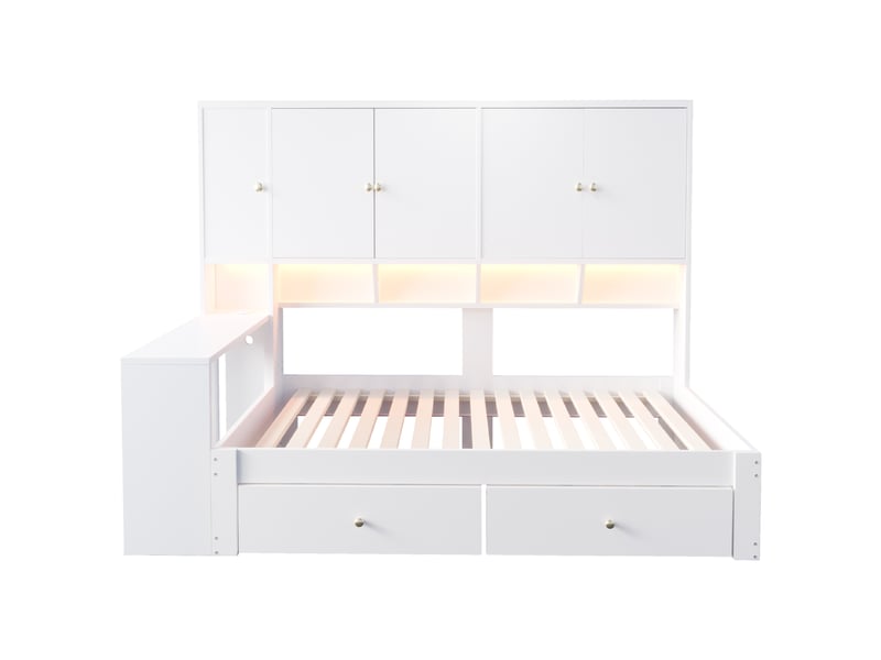 Lit multifonction 90x200 cm blanc avec bureau, rangements, led et prises - Conforama A