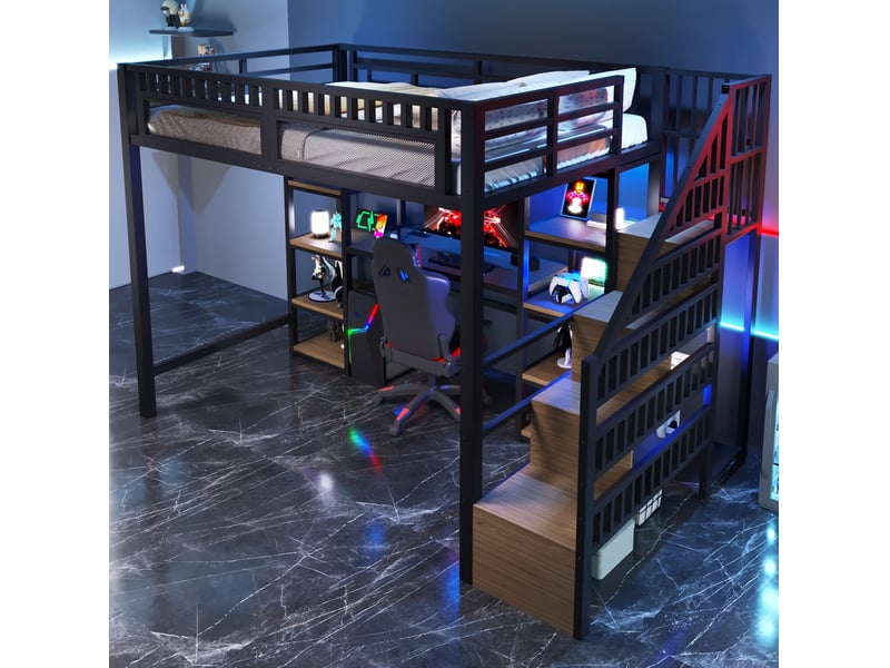 Lit mezzanine 140 x 200 cm bureau intégré rangements escalier led pilotable ports usb métal et mdf noir sans matelas - Conforama B