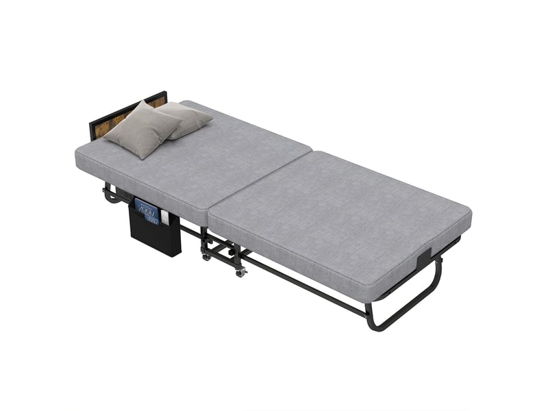  Lit pliant 80x190 cm avec port usb métal bois gris  - Conforama A