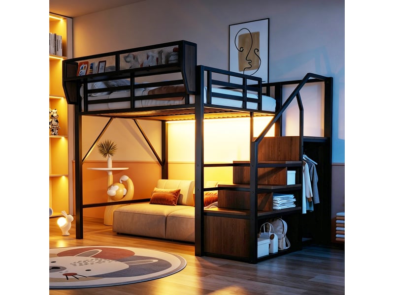  Lit mezzanine 140 x 200 cm avec led, échelle et rangement modulable, métal, noir Fay Lum - Conforama B