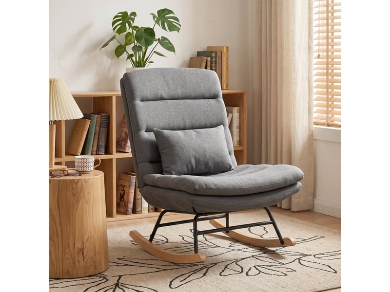  Fauteuil à bascule gris clair avec dossier haut 74 cm et assise large 72 cm, revêtement aspect lin  - Conforama D