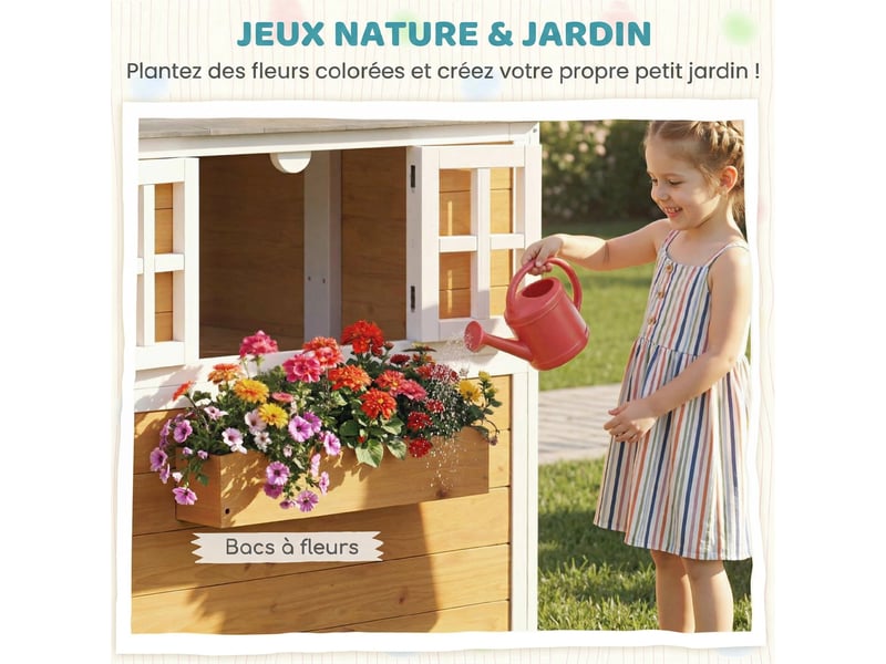 Cabane enfant extérieur en bois, maison enfant extérieureintérieure avec porte, fenêtres, jaune, 3 bacs à fleurs - Conforama A
