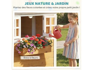 Cabane enfant extérieur en bois, maison enfant extérieureintérieure avec porte, fenêtres, jaune, 3 bacs à fleurs