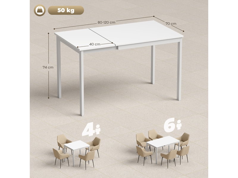  Table à manger extensible 80-120 cm pour 4 à 6 personnes, table de cuisine avec extension coulissante, blanc  - Conforama E