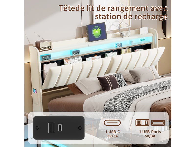  Lit coffre 140x200 cm avec led et usb,lit double rembourré , rangement de tête de lit ,hydraulique, velours, beige  - Conforama W