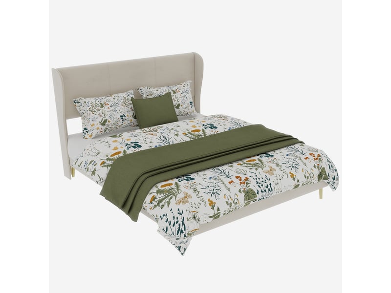  Lit adulte 140 x 200 cm, lit double, avec tête de lit et sommier, base basse, velours beige, sans matelas  - Conforama A