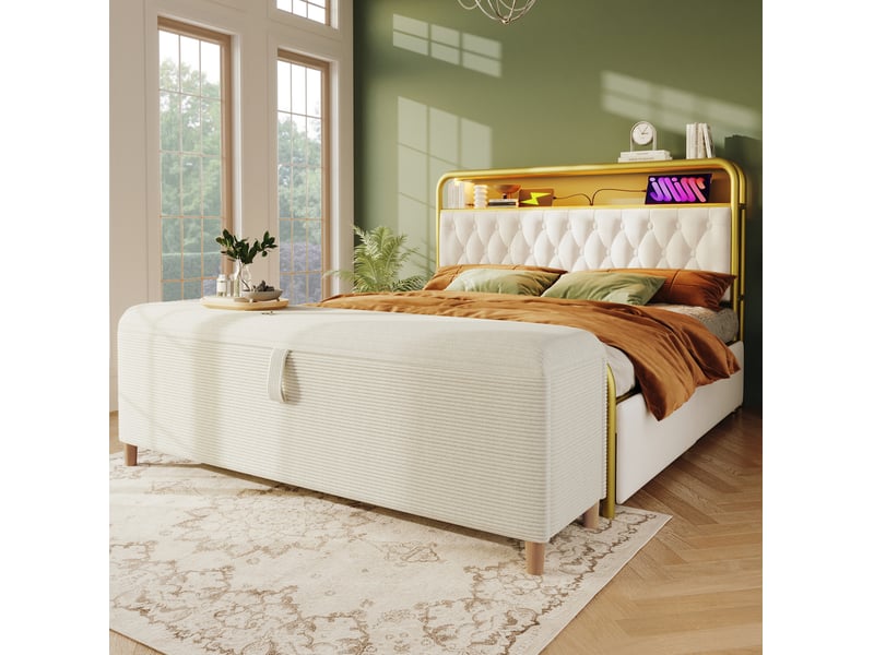  Banc coffre tcqpz 175 x 38 x 46 cm rangement hydraulique en velours côtelé beige  - Conforama E