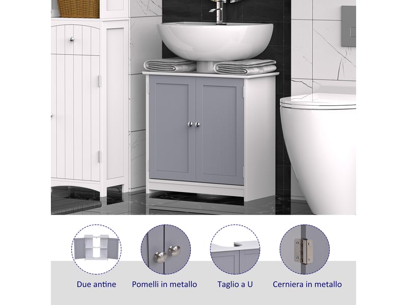  Meuble sous lavabo 60 x 30 x 60 cm avec découpe en u, blanc et gris  - Conforama W