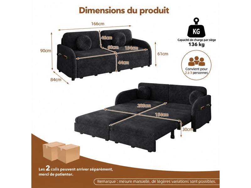  Canapé-lit 2 places convertible en chenille, 3-en-1 avec dossiers réglable et rangement latéral - noir - 166 x 84 x 90 cm  - Conforama C