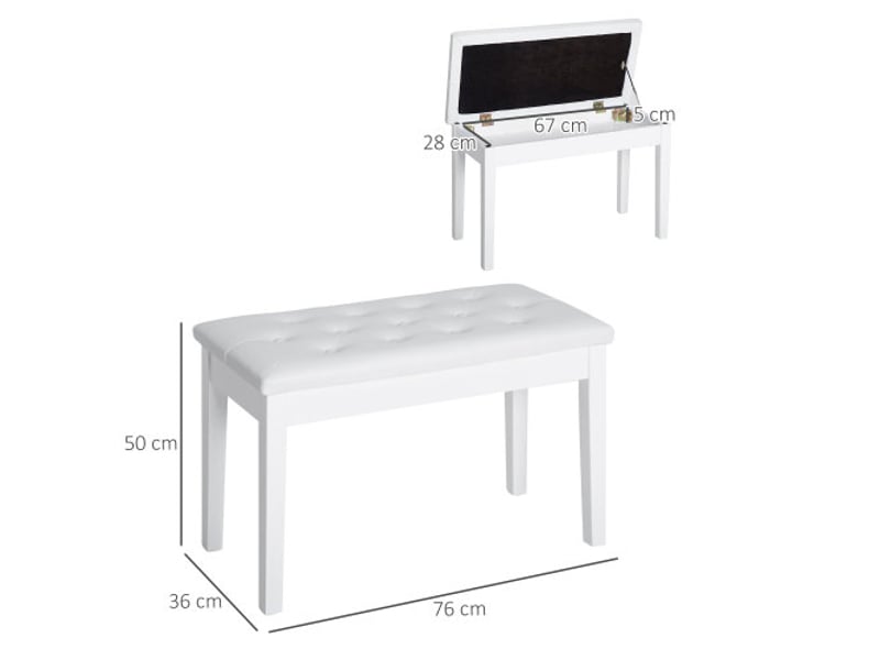 Banquette de piano style campagne avec rangement, bois d’hévéa, similicuir blanc, 76 x 36 x 50 cm - Conforama C
