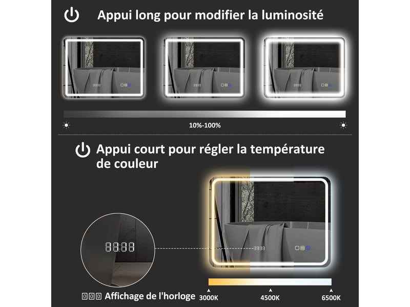 Miroir salle de bain bluetooth avec éclairage led 60 x 80 cm, miroir lumineux mural avec horloge, antibuée, argenté - Conforama R