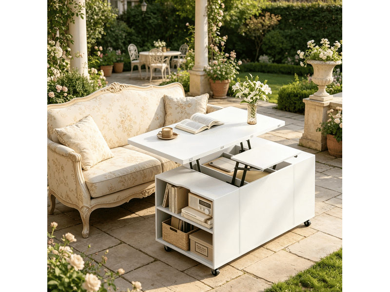  Table basse 50,5x100x53 cm, plateau escamotable, roulettes verrouillables, table basse salon, en bois et métal, blanc  - Conforama E