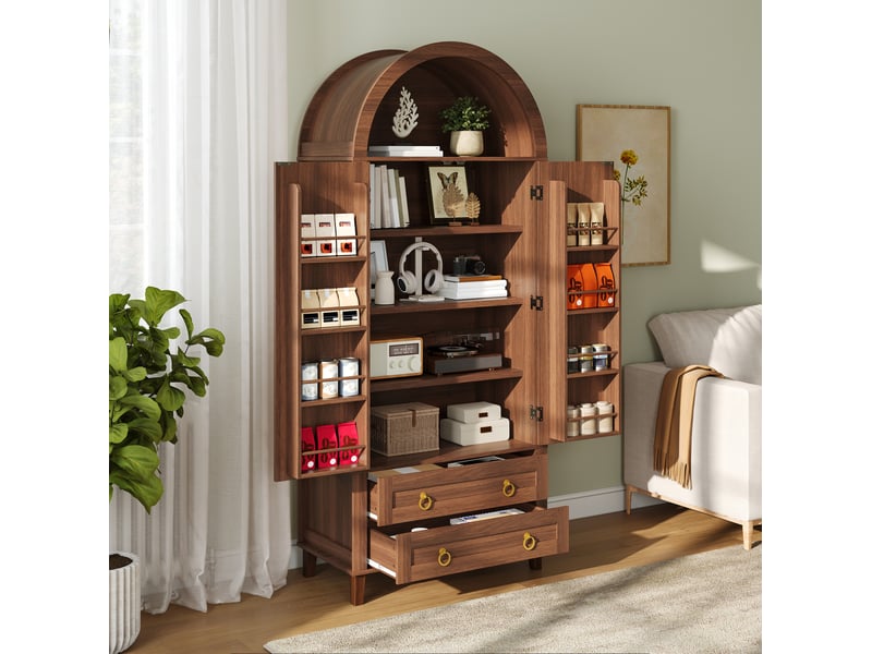  Buffet haut modenvie à led contrôlée par application 76 x 40 x 179,5 cm noyer décor rotin  - Conforama D