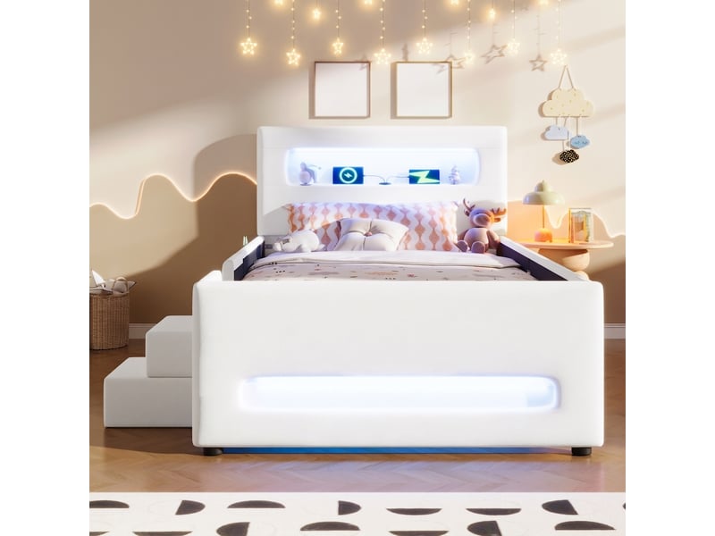  Lit capitonné 90x200 avec escalier et tiroirs, led et port usb, blanc  - Conforama D