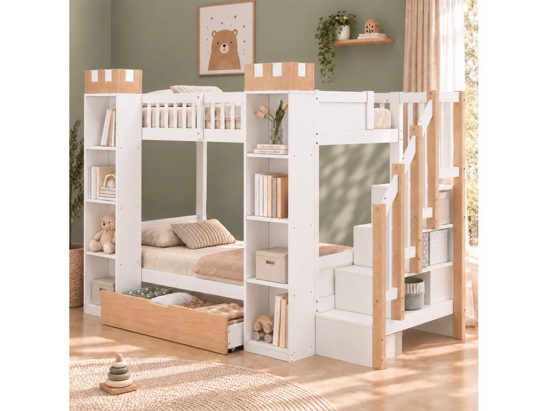  Lit superposé enfant château 2x90x200 cm blanc et bois avec rangement  - Conforama B