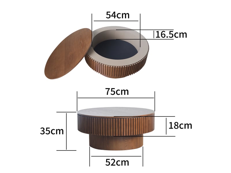  Table basse ronde 75x75x35 cm – noyer – rangement caché sous couvercle, design moderne à relief cannelé  - Conforama C
