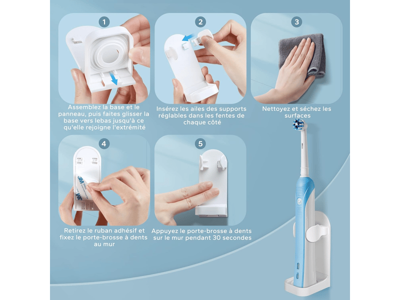  Blanc support brosse a dent electrique, porte brosse à dents electrique lot de 2, support mural brosse a dent electrique adhésif solide réglable organ  - Conforama E