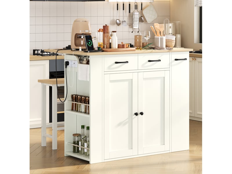  Îlot de cuisine 120x45 cm à plateau extensible, avec tiroirs et étagères réglables, panneau de particules, blanc  - Conforama B