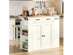 Îlot de cuisine extensible 120x45x96 cm avec prises et deux tabourets panneau de particules blanc