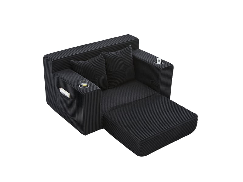  Canapé convertible 2 places avec deux coussins, porte-gobelet et poches latérales en velours côtelé noir  - Conforama A