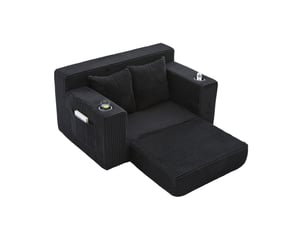 Canapé convertible 2 places avec deux coussins, porte-gobelet et poches latérales en velours côtelé noir