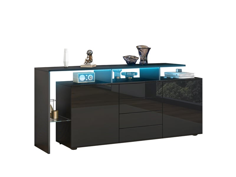 Buffet 160 cm, avec led intégrée, 2 portes, 4 tiroirs, finition haute brillance, panneau de particules, noir, élégant  - Conforama A