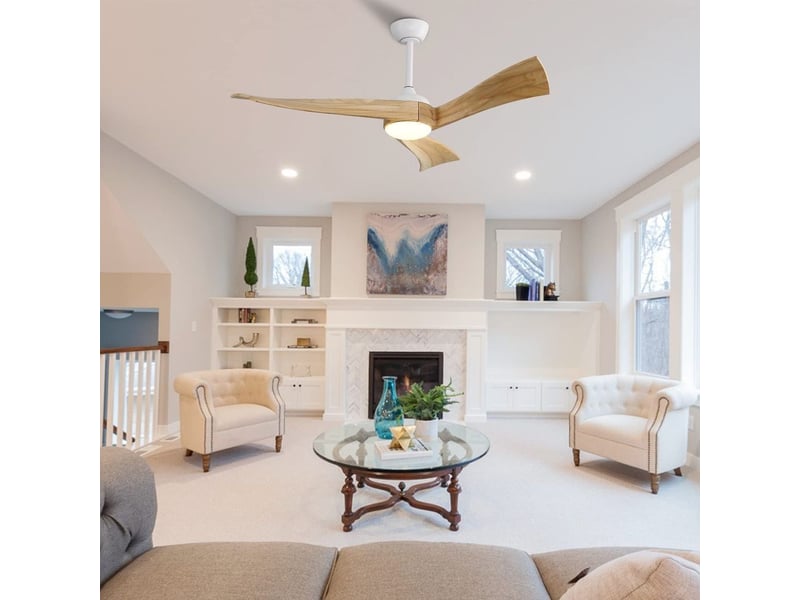  Ventilateur de plafond - avec télécommande et moteur réversible - metal &amp; wood - blanc - 132 x 132 x 42 cm - installation au plafond - salon et chambre EU-KBS-52K012-WH-DC-YM-60-W - Conforama E