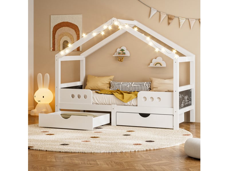  Lit enfant 90x200 cm avec toit et 2 tiroirs bois et mdf blanc sans matelas  - Conforama C