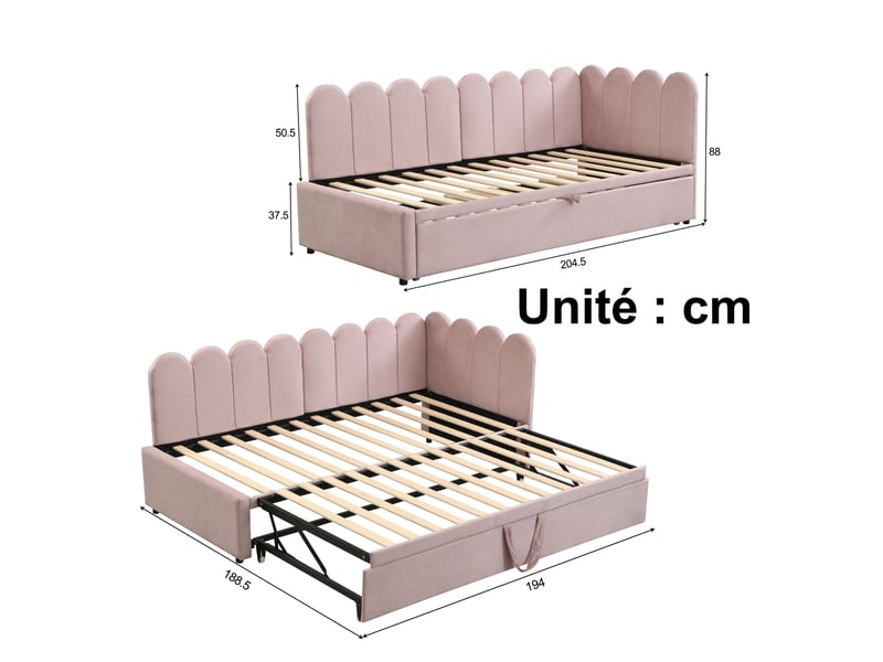  Canapé convertible lit gigogne en l avec dossier et tête de lit, couchage extensible en velours rose  - Conforama D