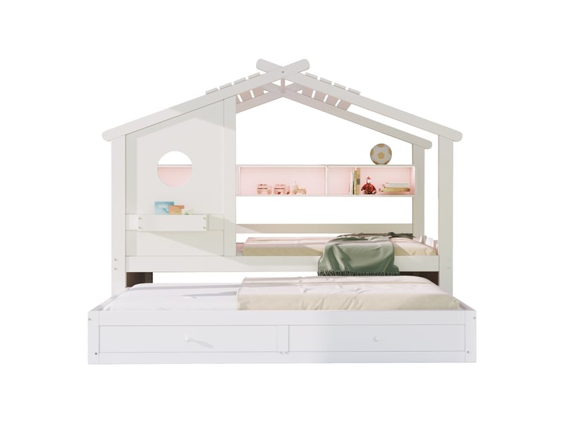  Lit cabane, lit 2 places avec 2 tiroirs, usb, type-c, led et rangement 90×200 cm et 90×190 cm, sans matelas  - Conforama A