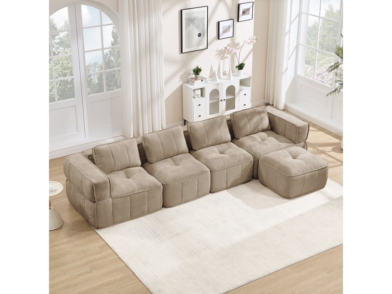  Canapé d’angle modulable 4 places avec pouf et assise profonde - lpospi - sans cadre polyester sable 344 × 162 × 67 cm  - Conforama C