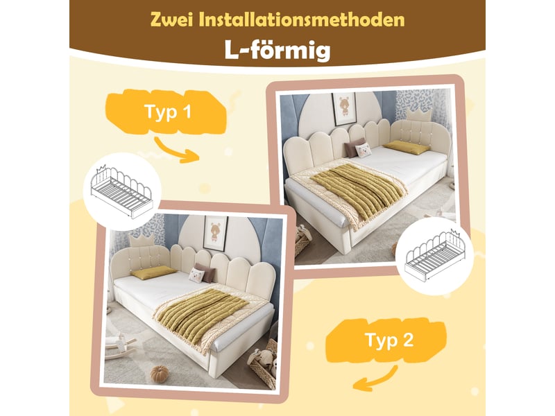  Lit gigogne 90x200 cm - lit 2 personnes avec lit tiroir 90x190 cm - velours - design couronne - beige  - Conforama D