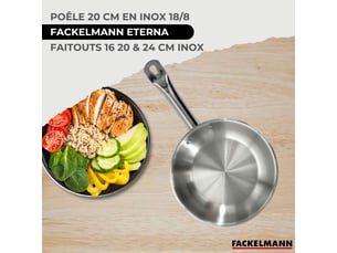 Set 1 poêle 20 cm en inox et 1 couvercle verre, 3 faitouts inox 16, 20 et 24 cm fackelmann eterna