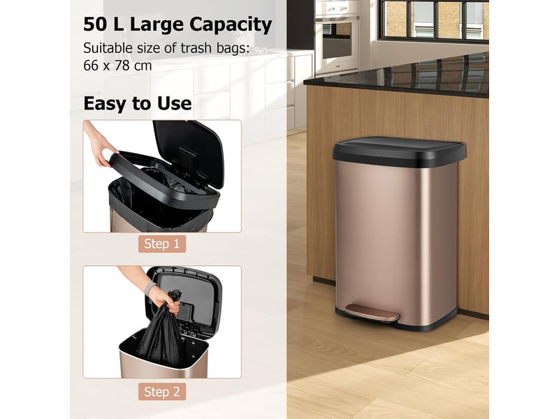  50l poubelle à pédale, poubelle en acier inoxydable avec couvercle à fermeture douce, compartiment désodorisant, poubelle de cuisine anti-odeur rose  - Conforama C