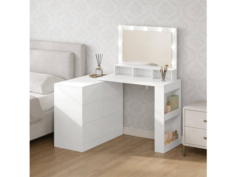  Coiffeuse avec miroir led et rangement 2-en-1, 6 tiroirs, blanc evryae  - Conforama D