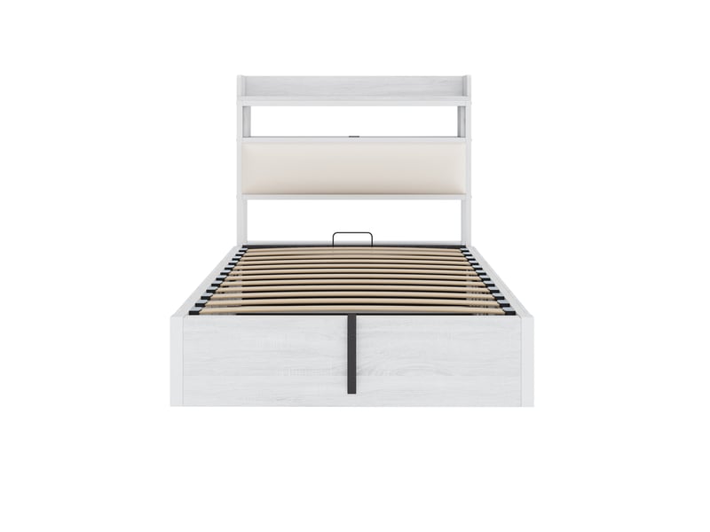  Lit simple 90x200 cm blanc, tête de lit rembourrée, coffre hydraulique, usb, bois et métal  - Conforama A