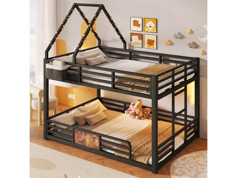  Lit superposé en métal 140x200 cm avec cadre de toit à décorer et éclairage led, noir  - Conforama C