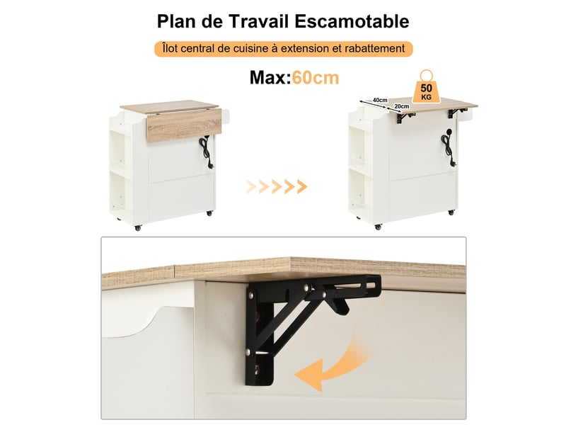  Desserte de cuisine 66x40-60x90 cm sur roulettes, plan rabattable, 1 tiroir, 2 portes, en mdf, couleur blanc et bois  - Conforama E